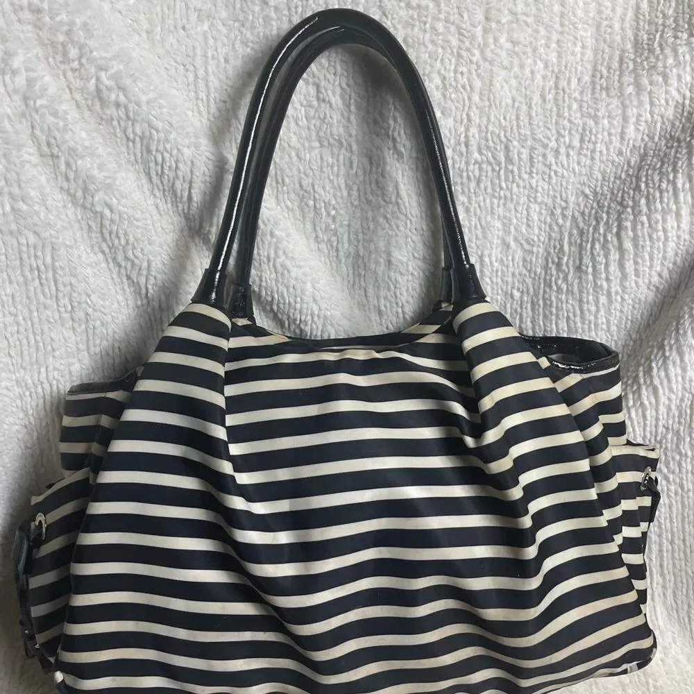 Kate Spafe large black & white striped Nylon diaper bag/travel bag